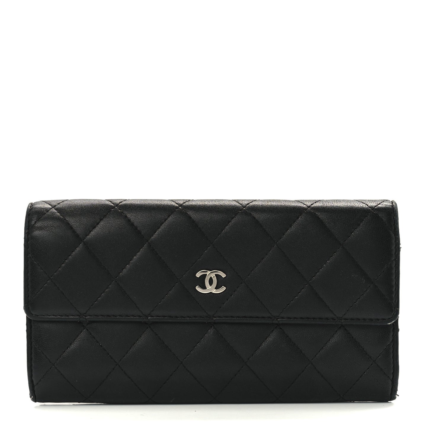 Lambskin Quilted Large Gusset Flap Wallet Black
