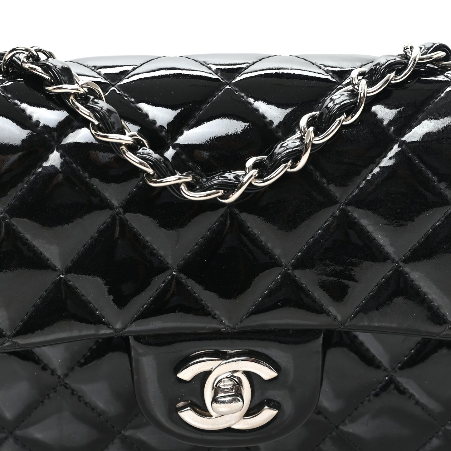 Patent Calfskin Quilted Mini Rectangular Flap Black