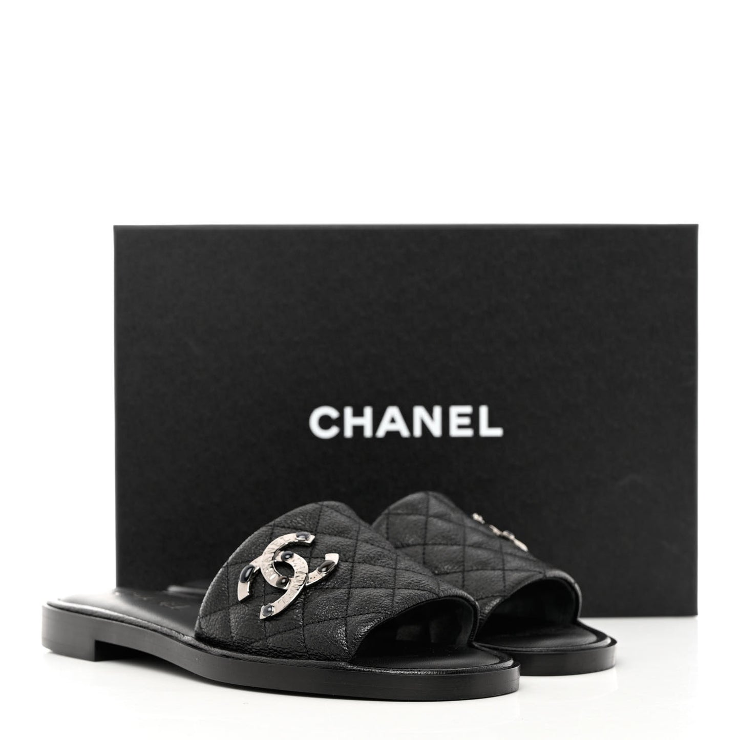 Shiny Goatskin Quilted CC Mules Sandals 38.5 Black
