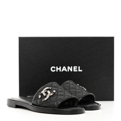 Chanel Shiny Goatskin Quilted CC Mules Sandals 38.5 Black 10 of 10