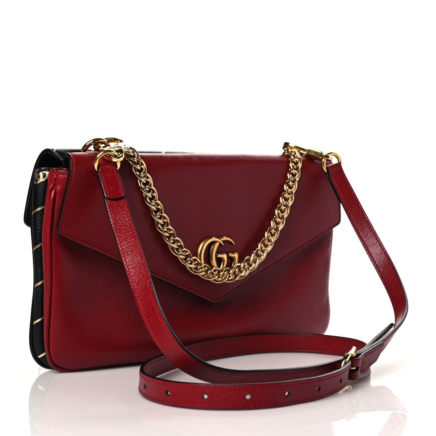 Gucci Calfskin Diagonal GG Medium Thiara Double Envelope Shoulder Bag Black Red 3 of 10