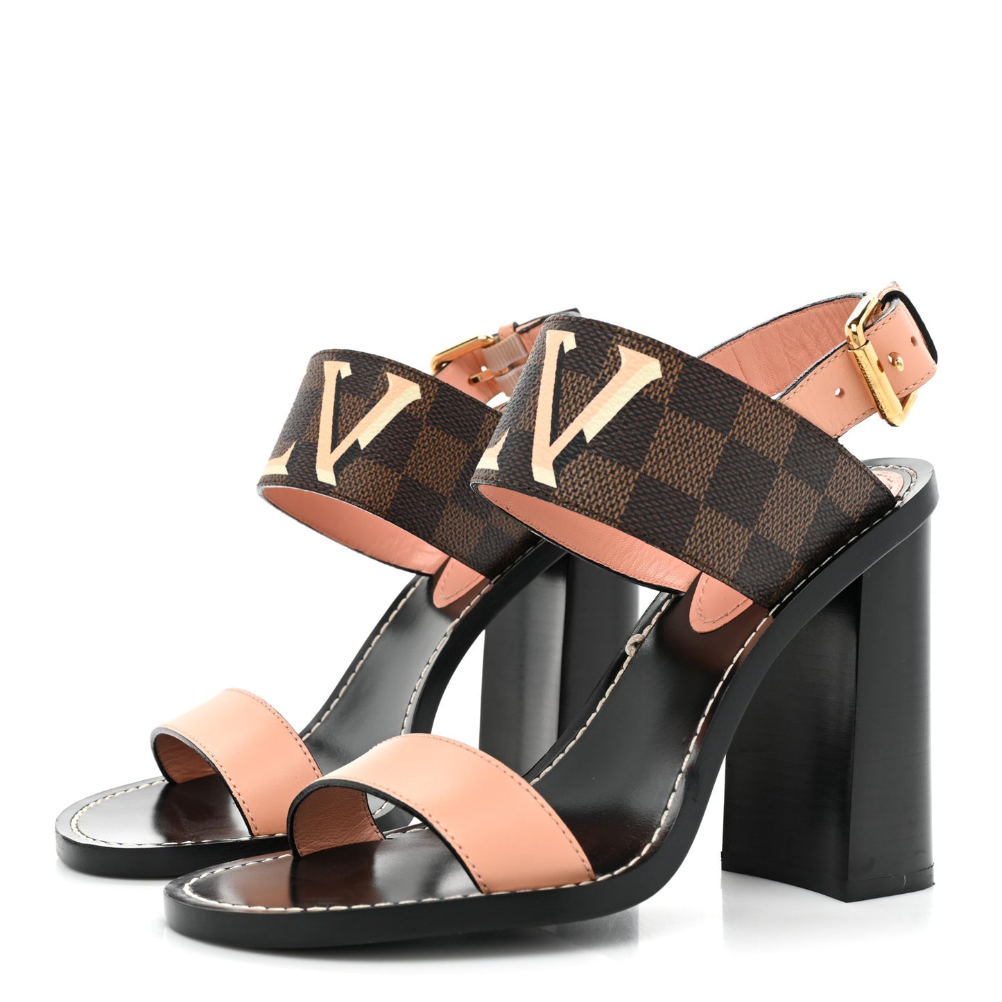 Calfskin Damier Ebene Passenger Heeled Sandals 37 Venus Pink