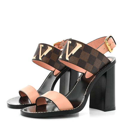 Louis Vuitton Calfskin Damier Ebene Passenger Heeled Sandals 37 Venus Pink 3 of 14