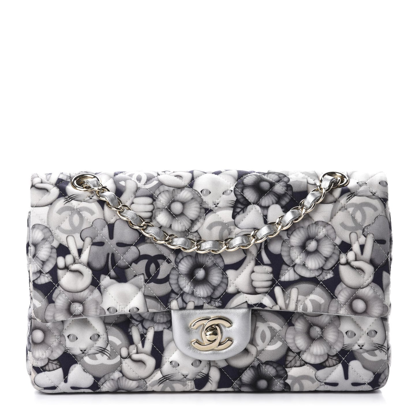 Nylon Quilted Medium Cat Emoticon Double Flap Navy Grey Ecru
