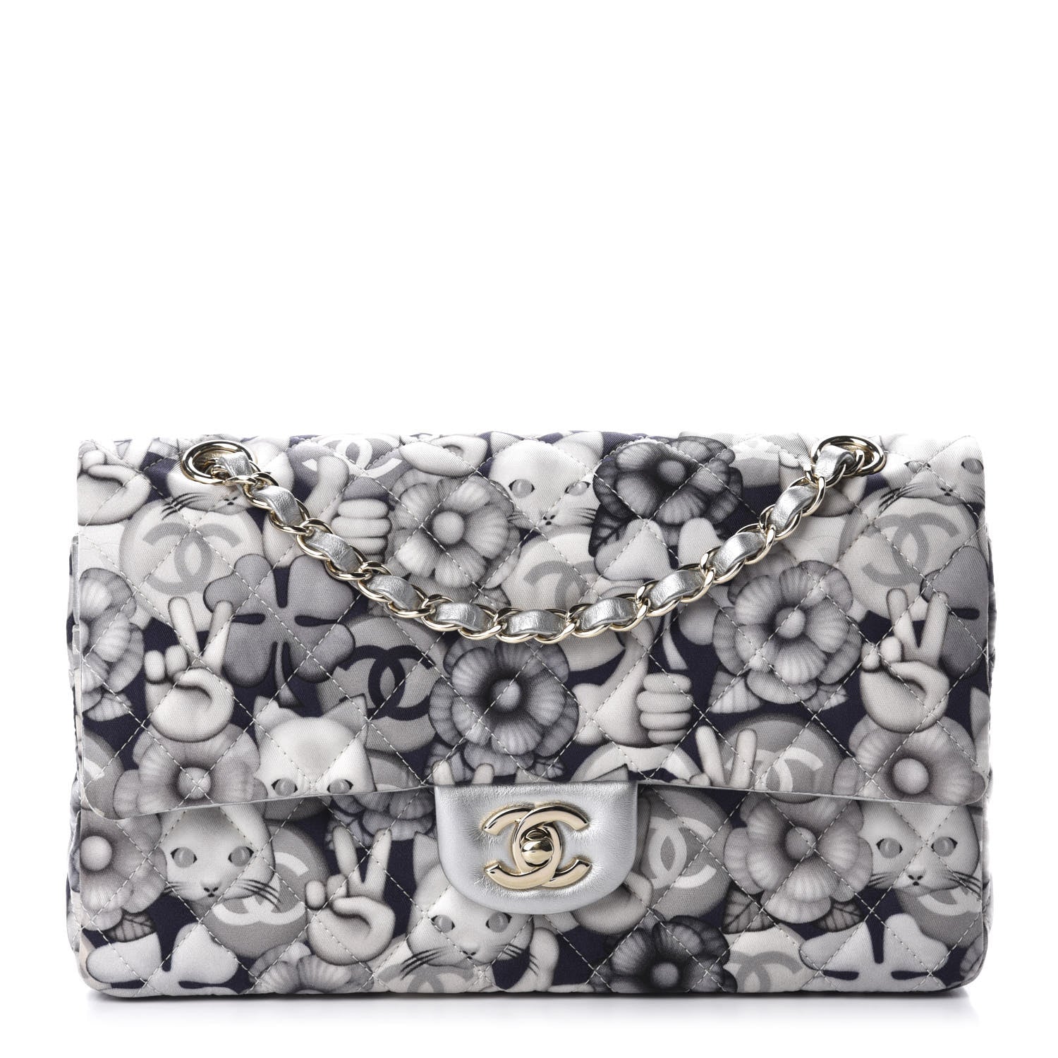 Chanel Nylon Quilted Medium Cat Emoticon Double Flap Navy Grey Ecru 1 of 12