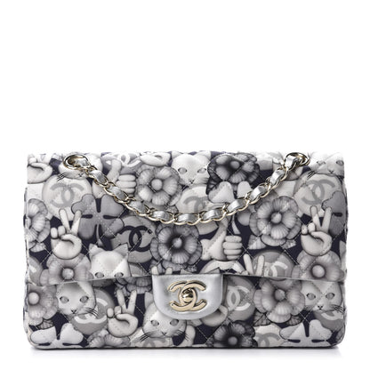 Chanel Nylon Quilted Medium Cat Emoticon Double Flap Navy Grey Ecru 1 of 12