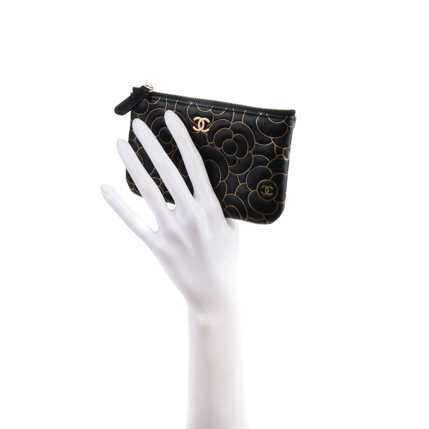 Chanel Lambskin Camellia Embossed Cosmetic Pouch Black Gold 4 of 7