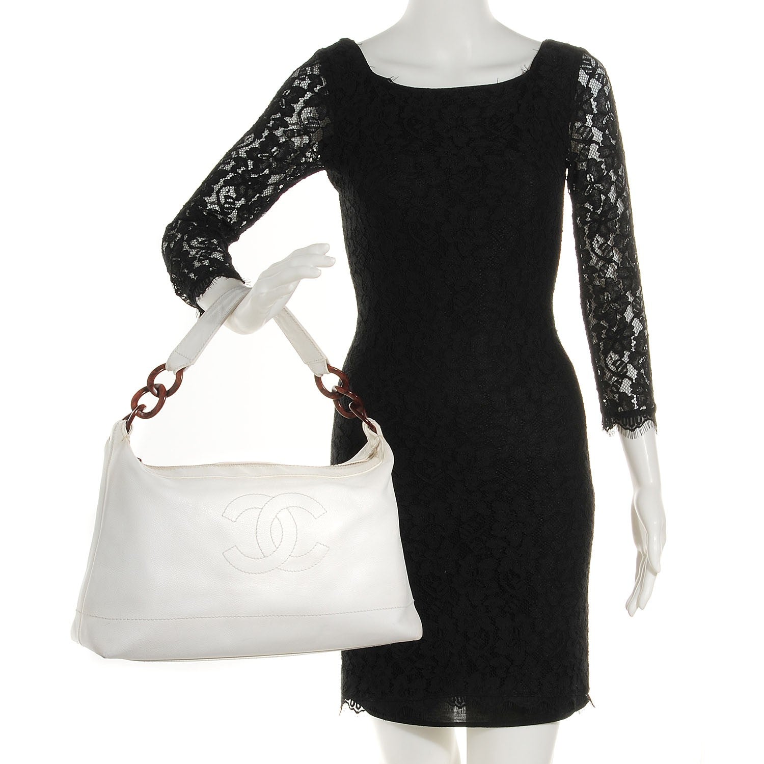 Chanel Caviar CC Wood Chain Hobo White 2 of 7