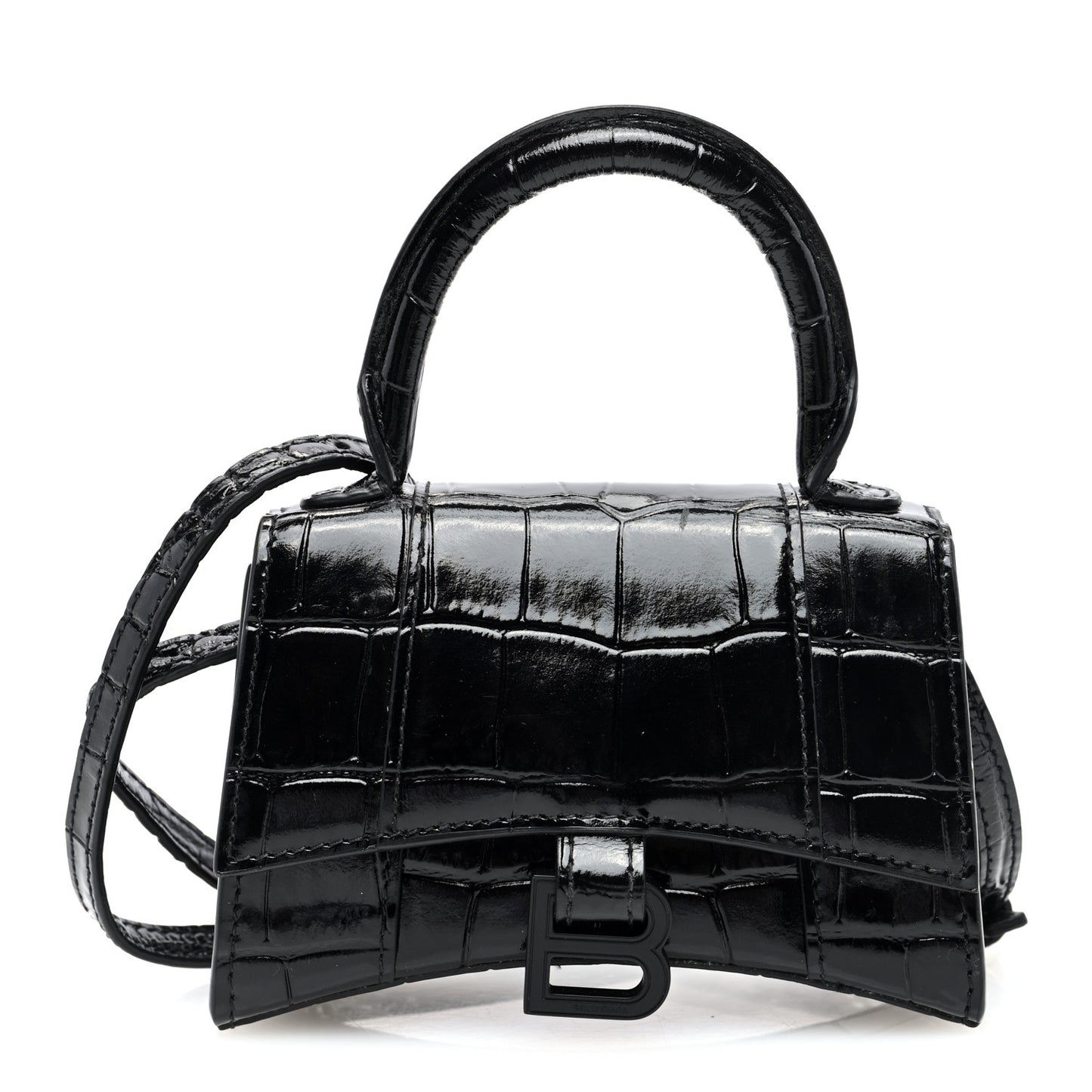 Shiny Calfskin Monochrome Crocodile Embossed Hourglass Top Handle Bag Mini Black