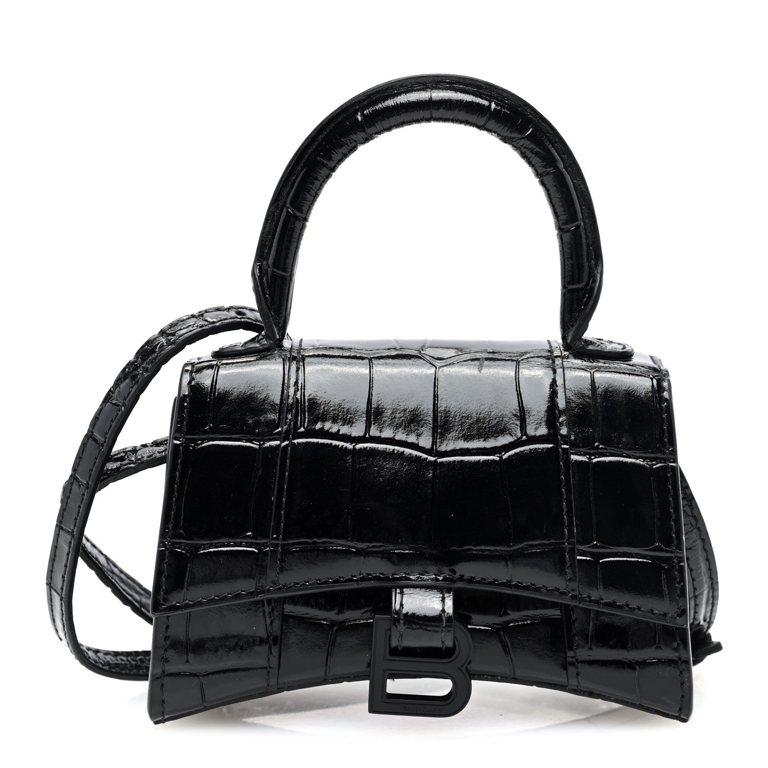 Balenciaga Shiny Calfskin Monochrome Crocodile Embossed Hourglass Top Handle Bag Mini Black 1 of 9