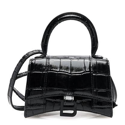 Balenciaga Shiny Calfskin Monochrome Crocodile Embossed Hourglass Top Handle Bag Mini Black 1 of 9