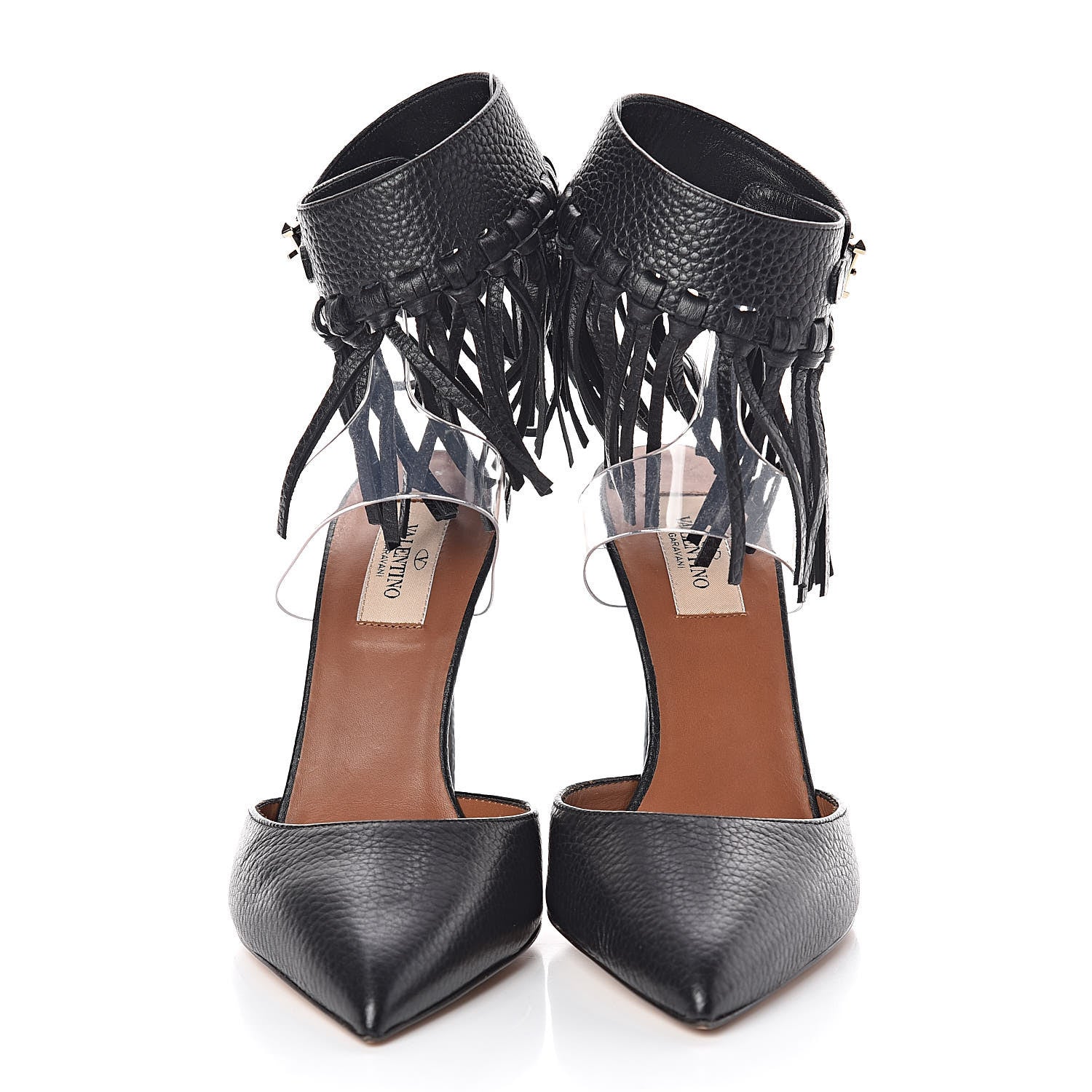 Valentino Garavani Grained Calfskin C Rockee Fringe Ankle Wrap Pumps 38 Black 2 of 7