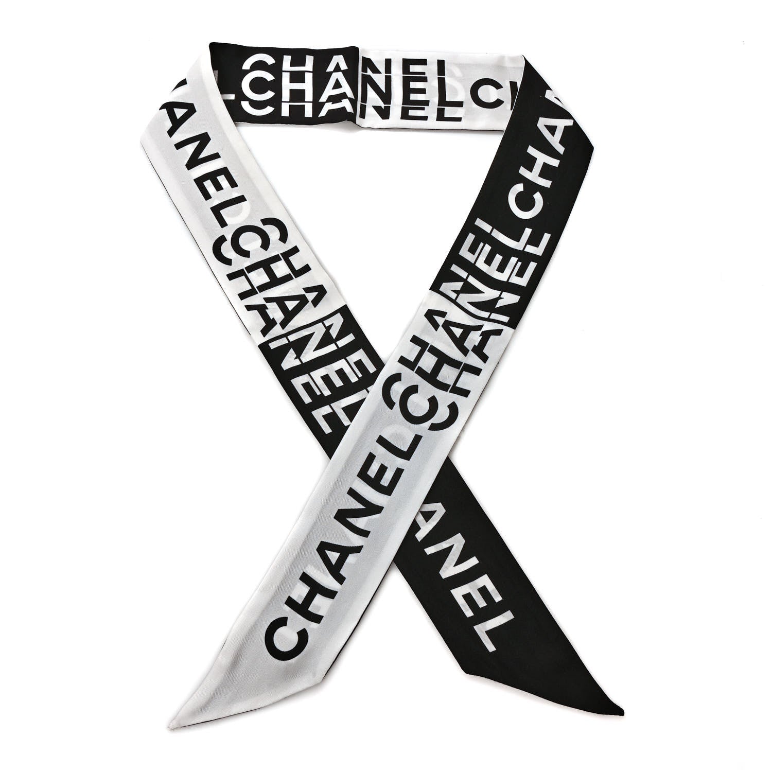 Chanel Silk Logo Slim Bandeau Scarf Black White 1 of 3