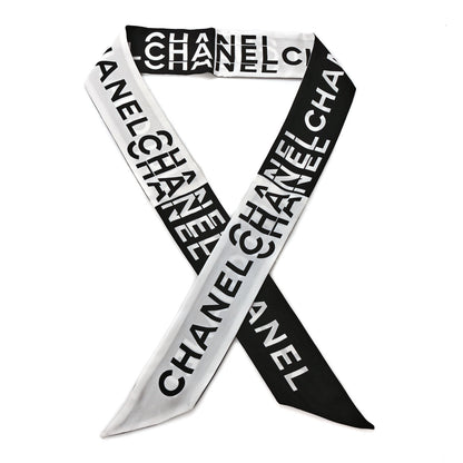 Chanel Silk Logo Slim Bandeau Scarf Black White 1 of 3