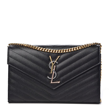 Saint Laurent Grain De Poudre Matelasse Chevron Monogram Chain Wallet Black 1 of 9