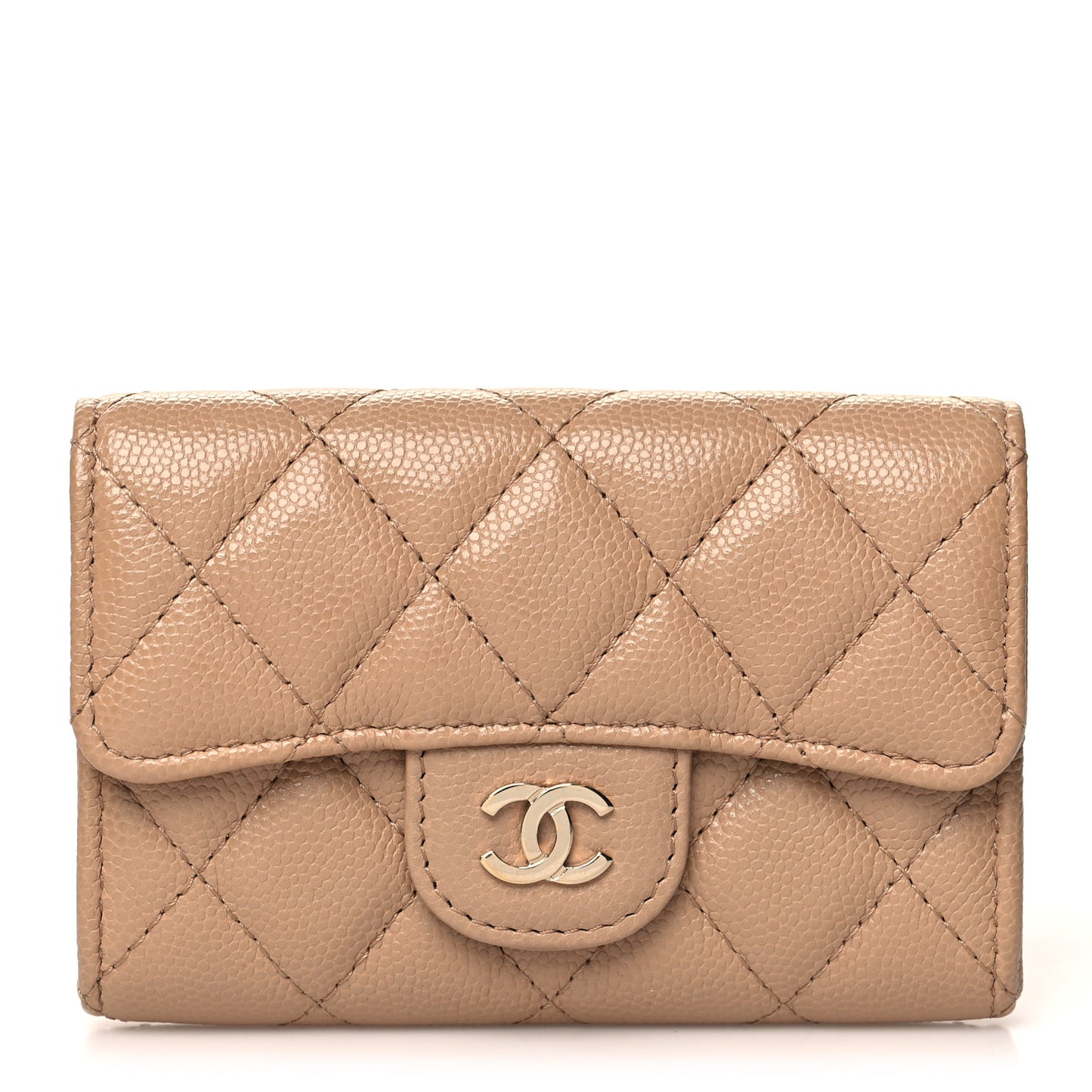 Caviar Quilted Flap Card Holder Wallet Beige