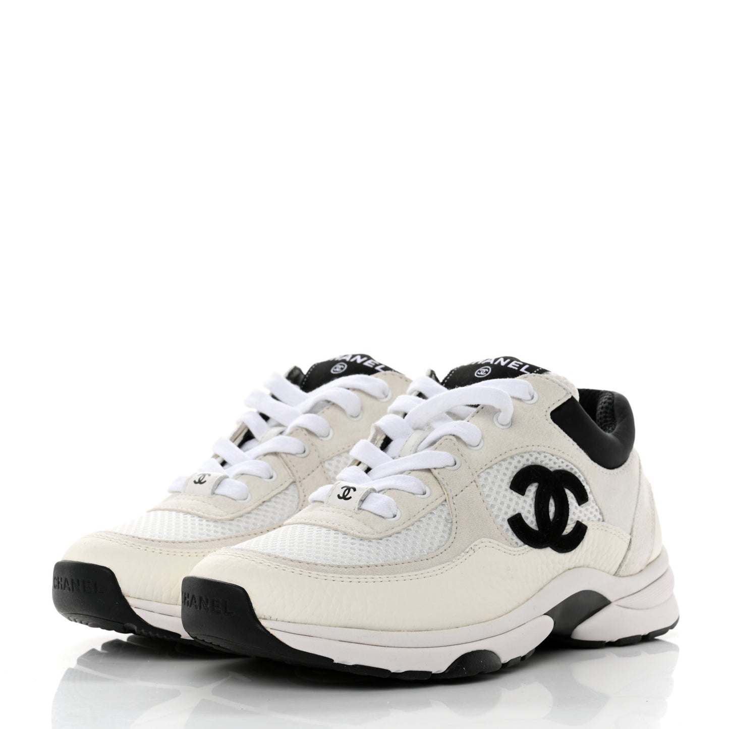Mesh Suede Calfskin Grained Calfskin Womens CC Sneakers 36 White Black