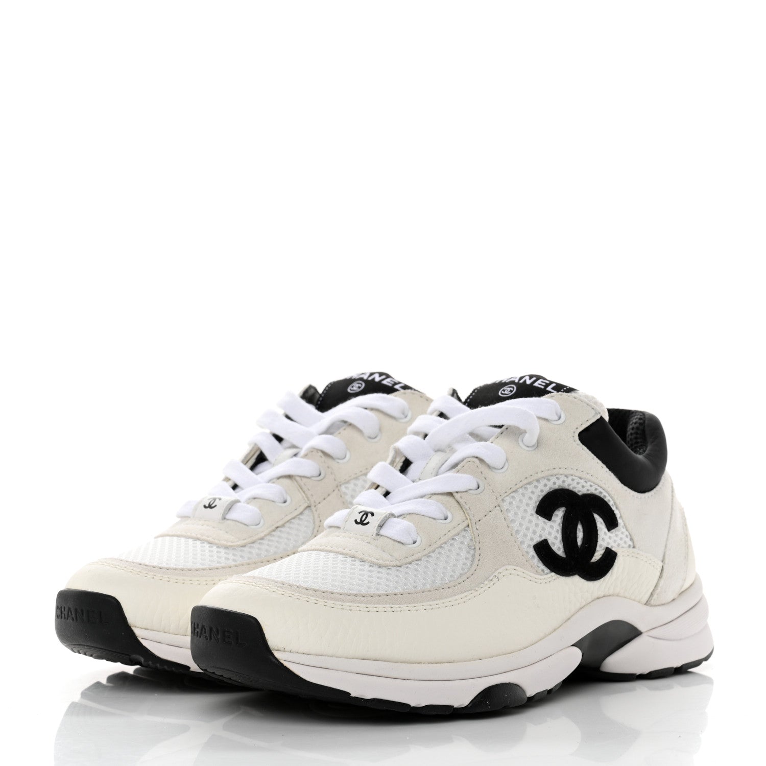 Chanel Mesh Suede Calfskin Grained Calfskin Womens CC Sneakers 36 White Black 3 of 9