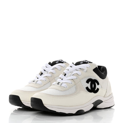 Chanel Mesh Suede Calfskin Grained Calfskin Womens CC Sneakers 36 White Black 3 of 9