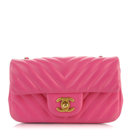 Chanel Lambskin Chevron Quilted Extra Mini Rectangular Flap Dark Pink 2 of 14