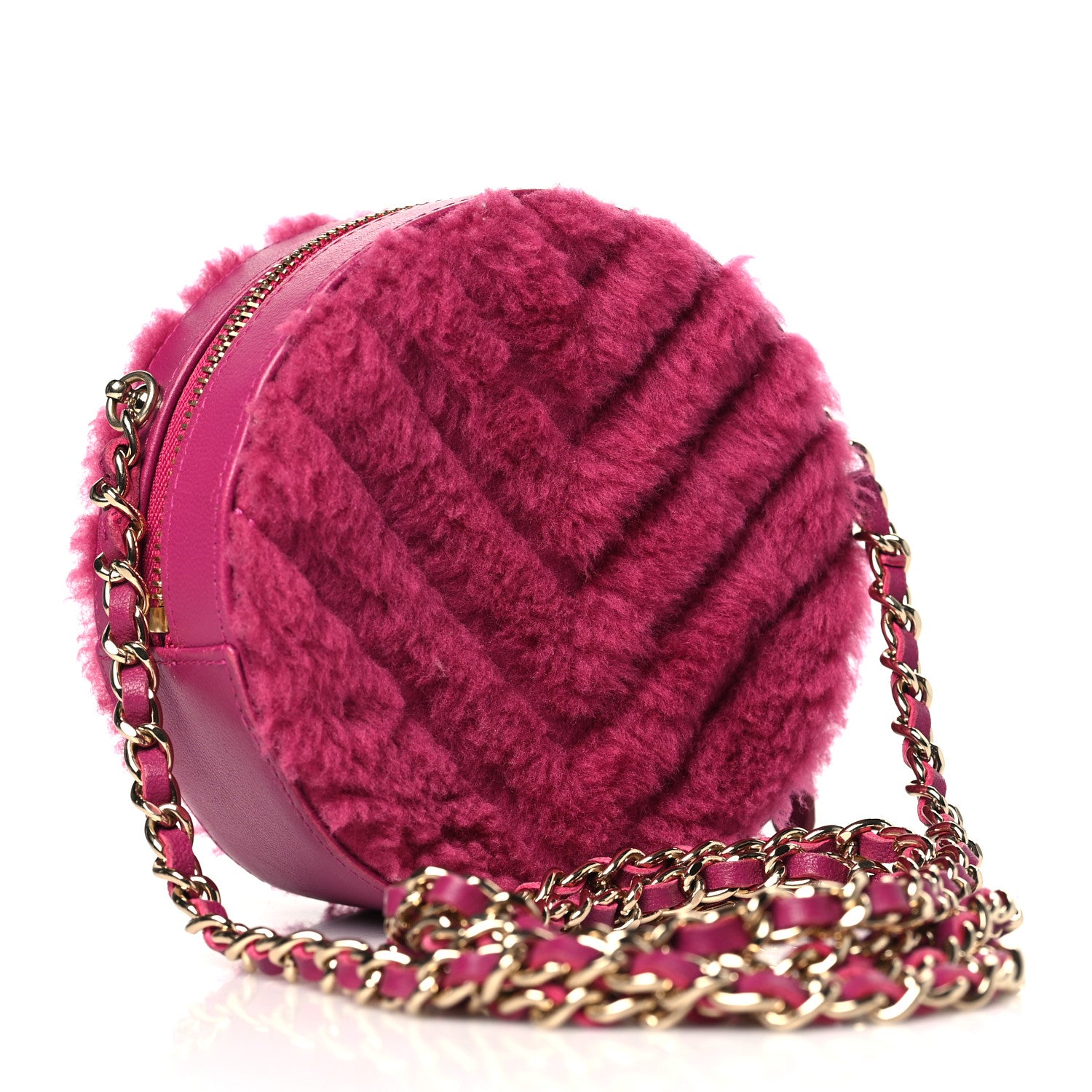 Chanel Shearling Chevron Quilted Round Clutch With Chain Pink 3 of 10