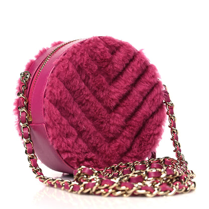 Chanel Shearling Chevron Quilted Round Clutch With Chain Pink 3 of 10
