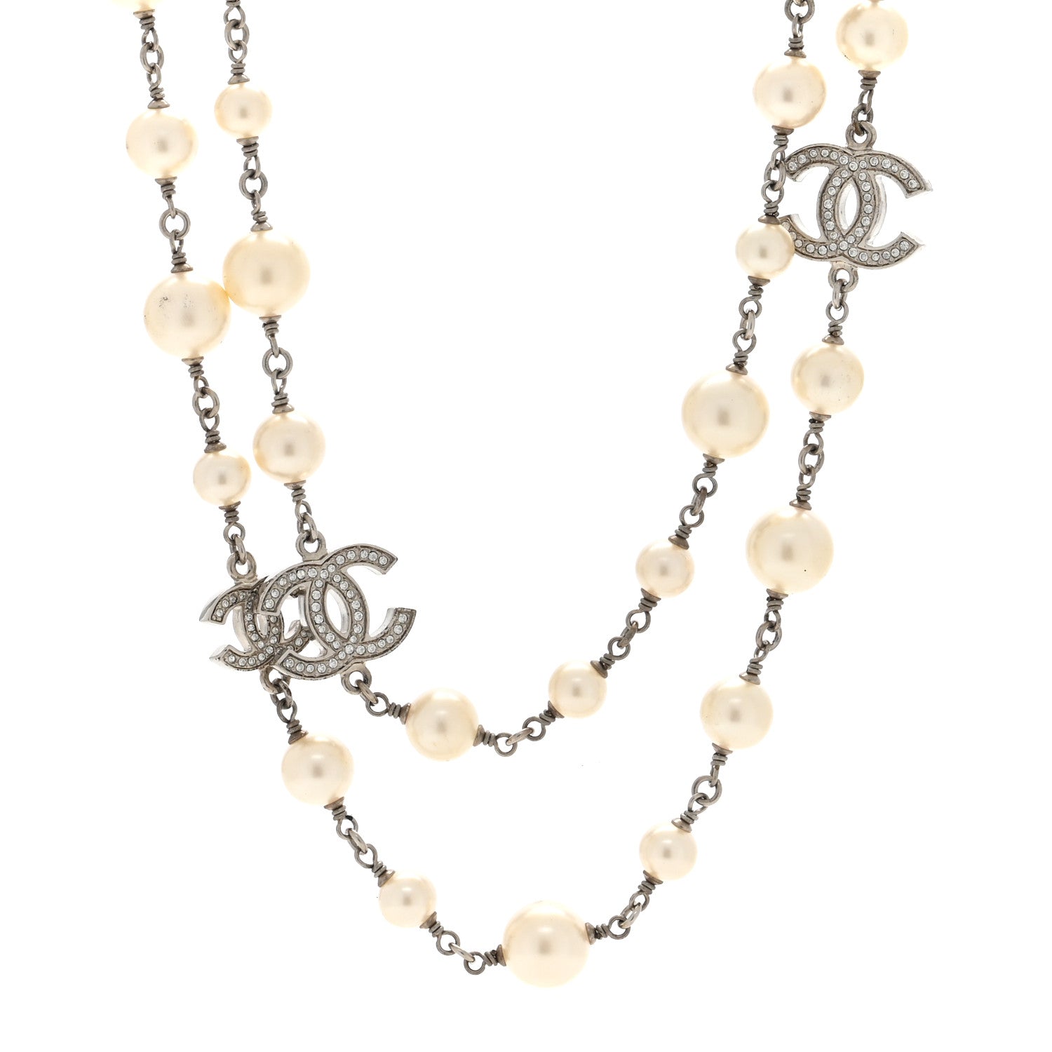Chanel Graduated Pearl Crystal CC Long Necklace Silver 1 of 5