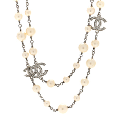 Chanel Graduated Pearl Crystal CC Long Necklace Silver 1 of 5