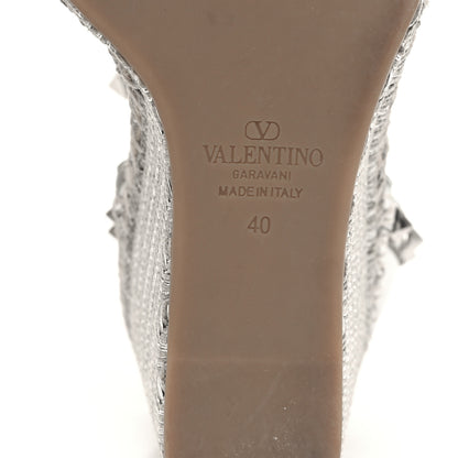 Valentino Garavani Metallic Grained Calfskin Rockstud Crisscross Ankle Strap Espadrille Wedge Sandals 40 Silver 7 of 9