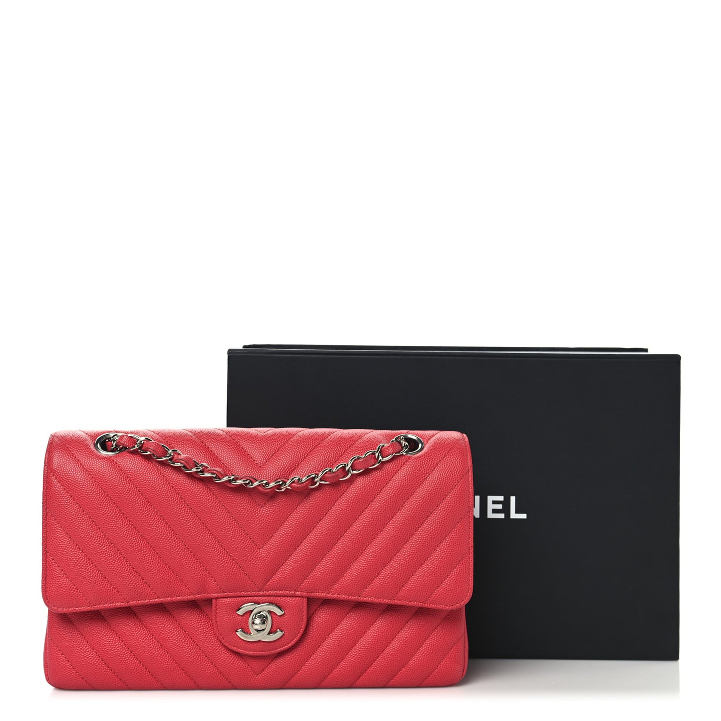 Caviar Chevron Quilted Medium Double Flap Dark Pink