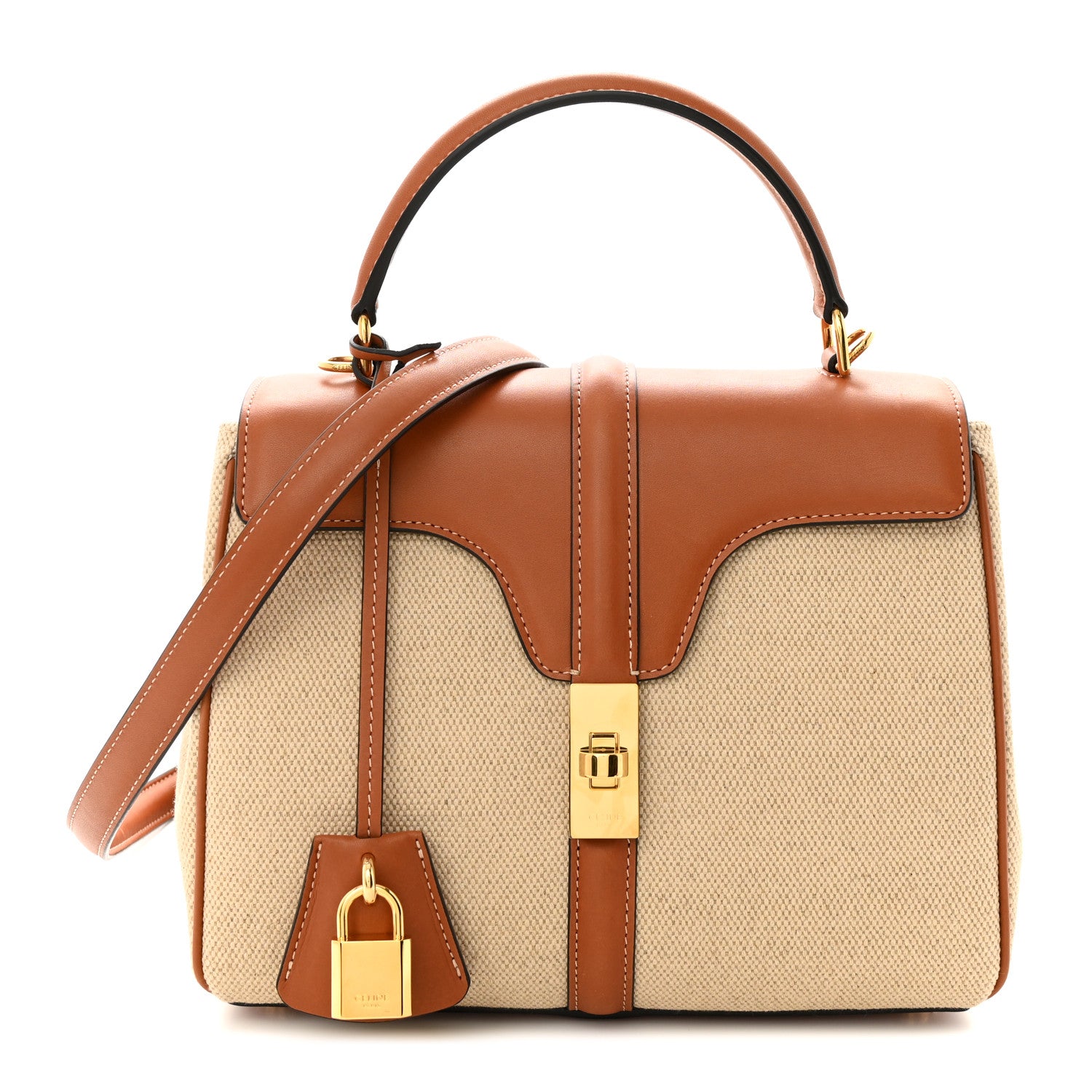 Celine Canvas Calfskin Small 16 Top Handle Bag Natural Tan 1 of 10
