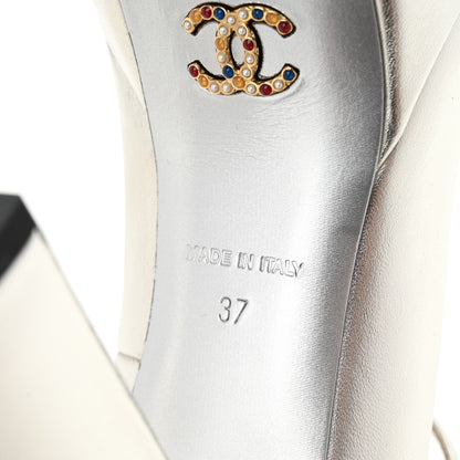 Chanel Laminated Lambskin Grosgrain Cap Toe CC Mary Jane Pumps 37 Silver Black 7 of 9