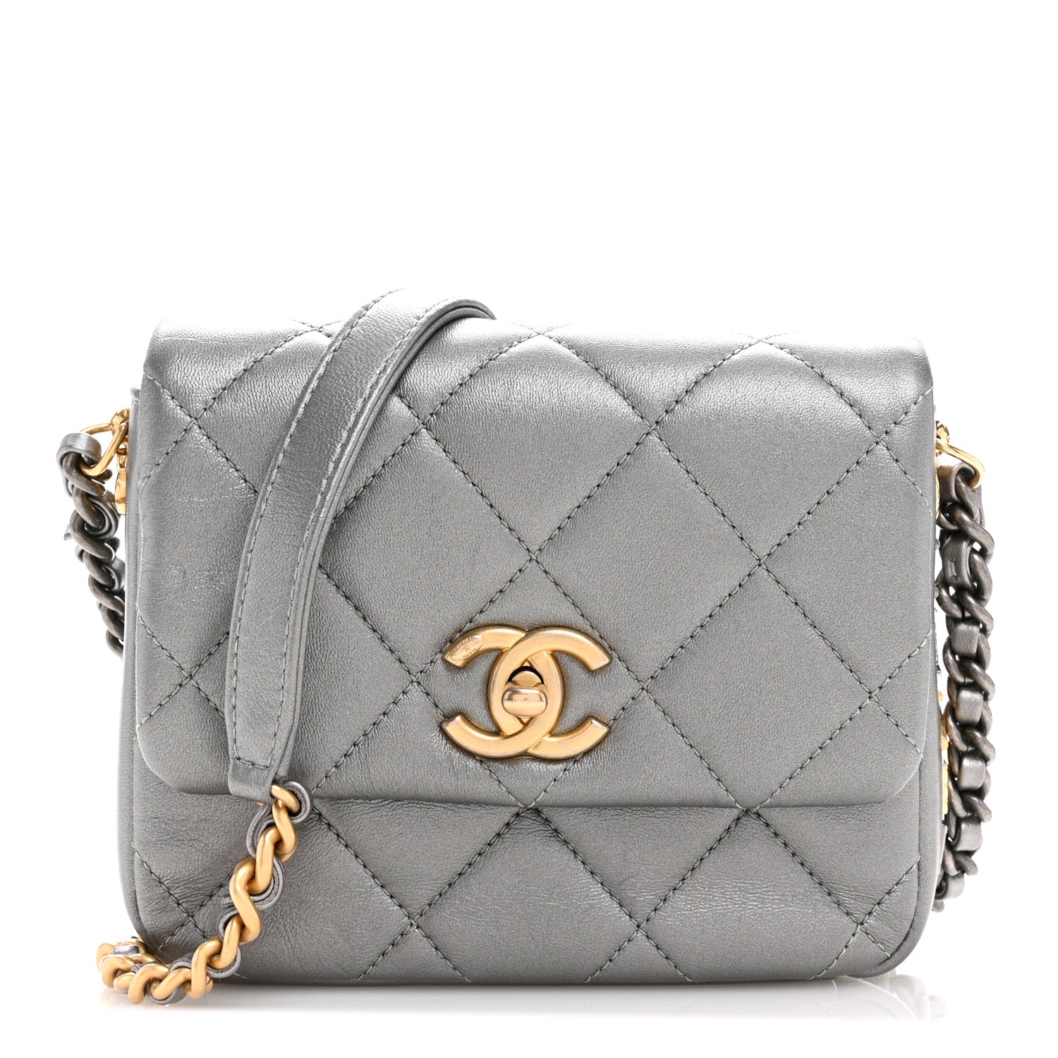 Chanel Metallic Lambskin Quilted Mini Side Note Flap Grey 1 of 11