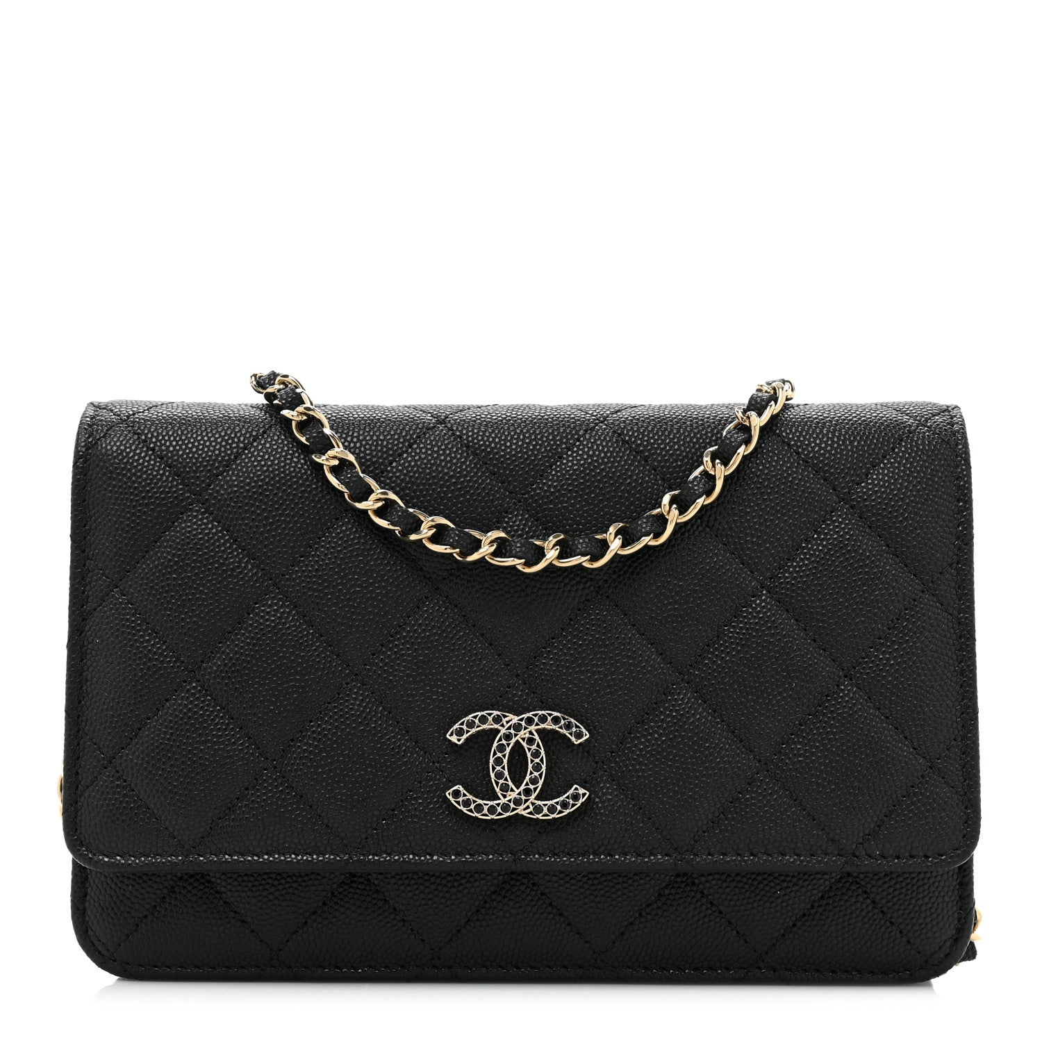 Chanel Shiny Caviar Quilted Strass CC Wallet On Chain WOC Black 1 of 13