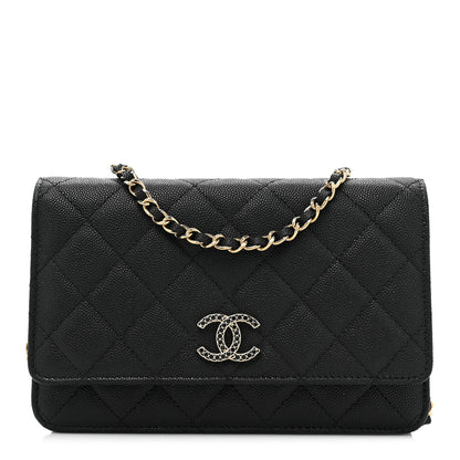 Chanel Shiny Caviar Quilted Strass CC Wallet On Chain WOC Black 1 of 13