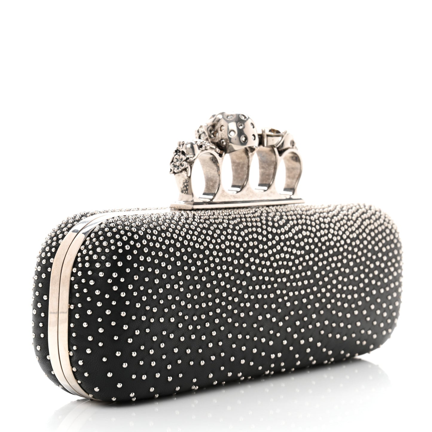 Nappa Studded Skull Knuckle Box Clutch Black
