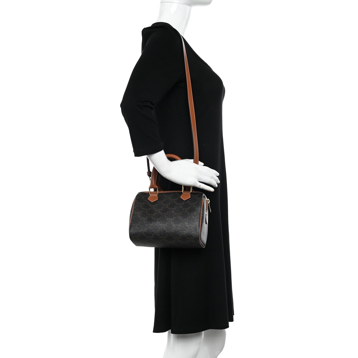 Celine Triomphe Canvas Calfskin Small Boston Bag Tan 2 of 9