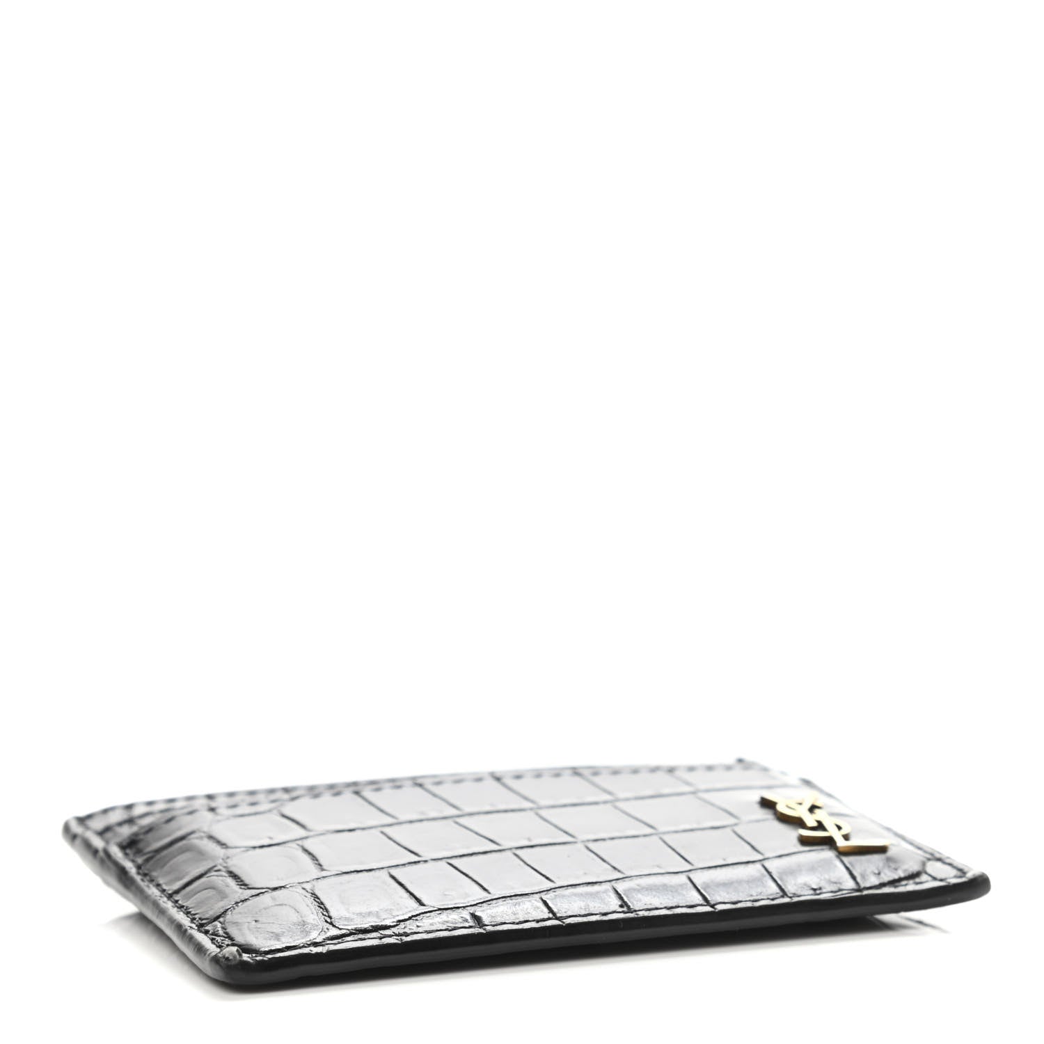 Saint Laurent Calfskin Crocodile Embossed Monogram Tiny Cassandra Credit Card Case Black 3 of 4