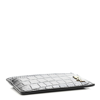 Saint Laurent Calfskin Crocodile Embossed Monogram Tiny Cassandra Credit Card Case Black 3 of 4