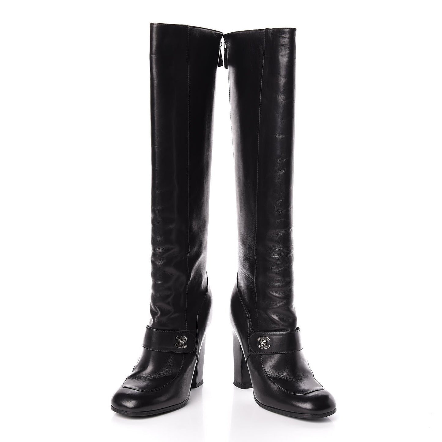 Calfskin CC Turnlock Knee High Boots 37.5 Black