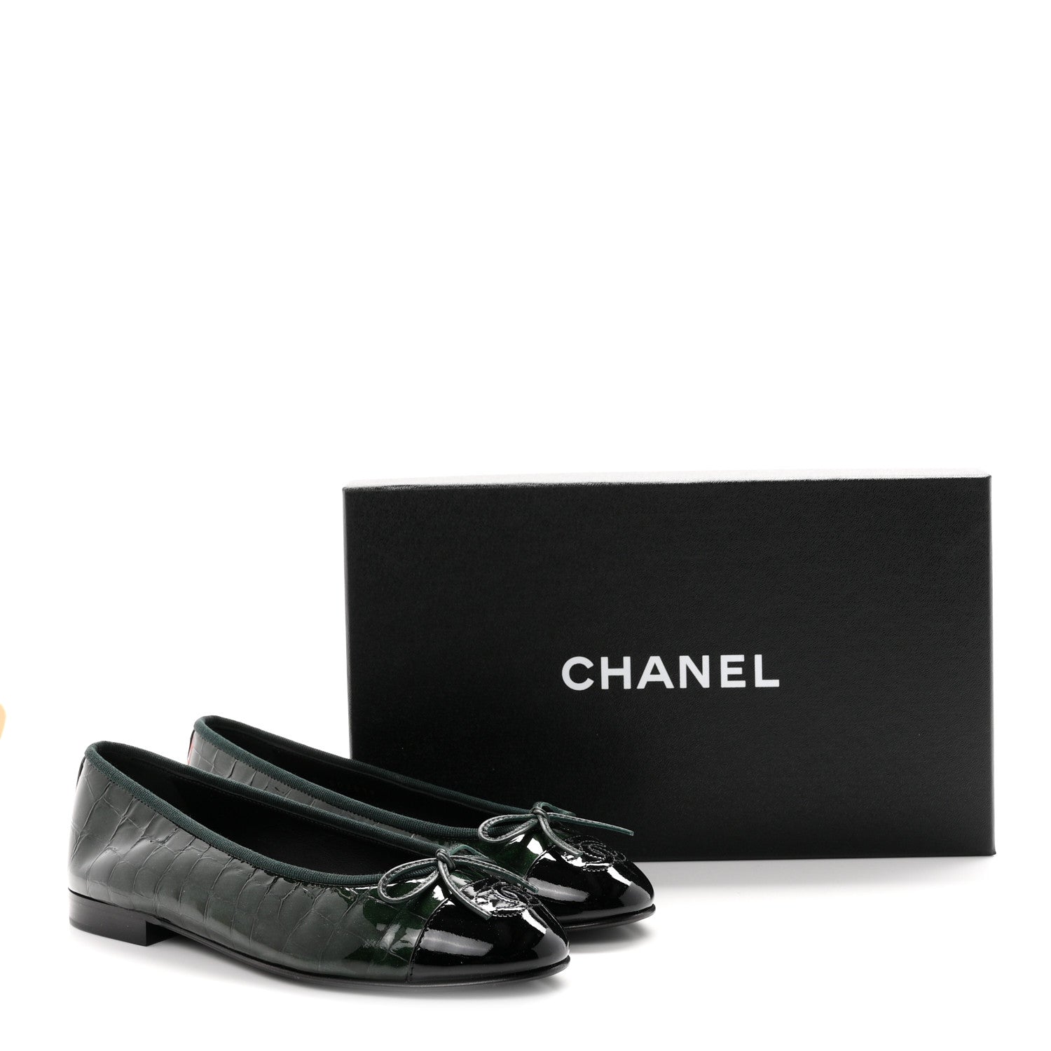 Chanel Patent Calfskin Crocodile Embossed Ballerina Flats 36.5 Dark Green Black 10 of 10