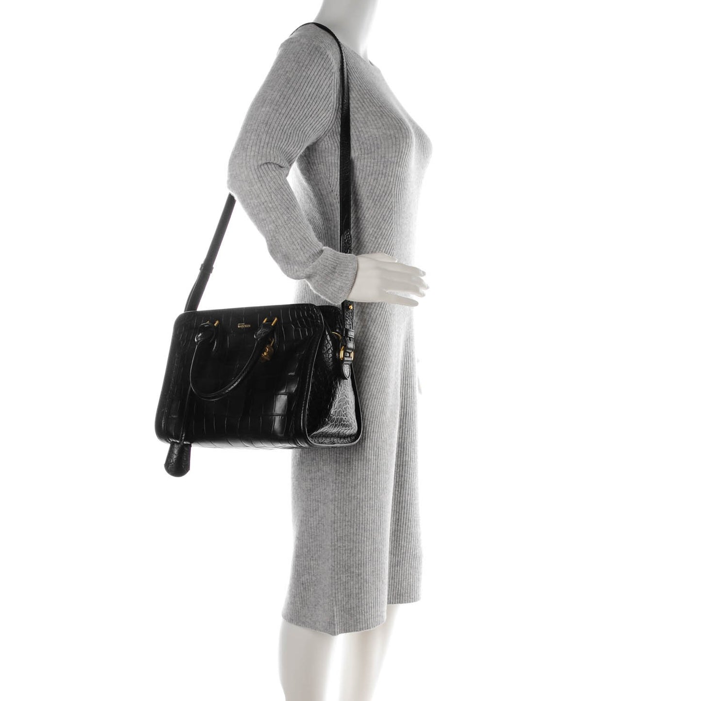 Calfskin Crocodile Embossed Small Skull Padlock Zip Around Tote Black