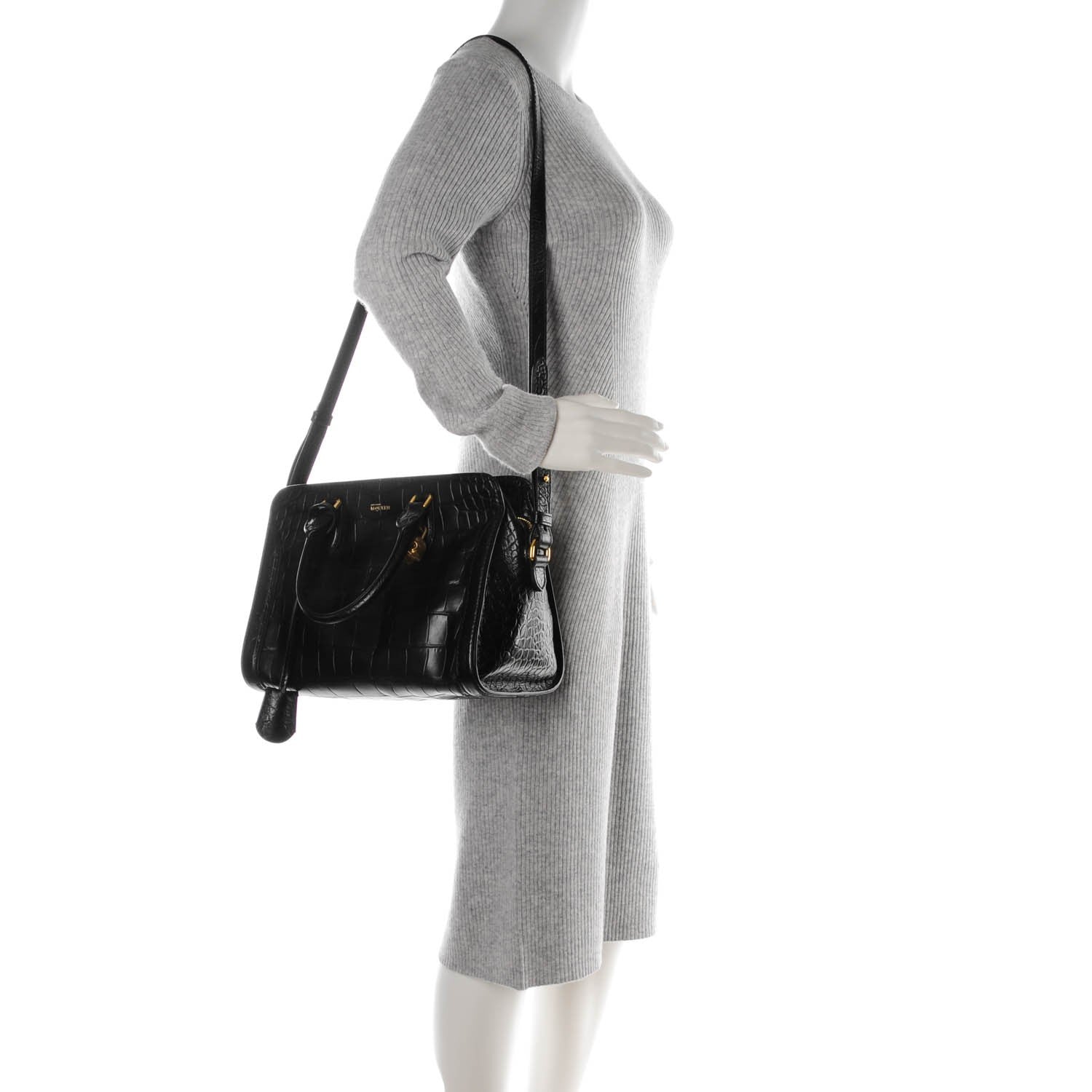 Alexander McQueen Calfskin Crocodile Embossed Small Skull Padlock Zip Around Tote Black 2 of 8