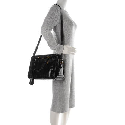 Alexander McQueen Calfskin Crocodile Embossed Small Skull Padlock Zip Around Tote Black 2 of 8
