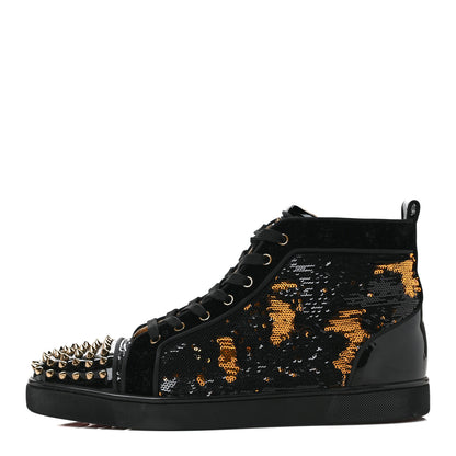 Christian Louboutin Sequin Patent Mens Louis Spikes Orlato Flat Sneakers 45 Black Gold Bronzo 1 of 7