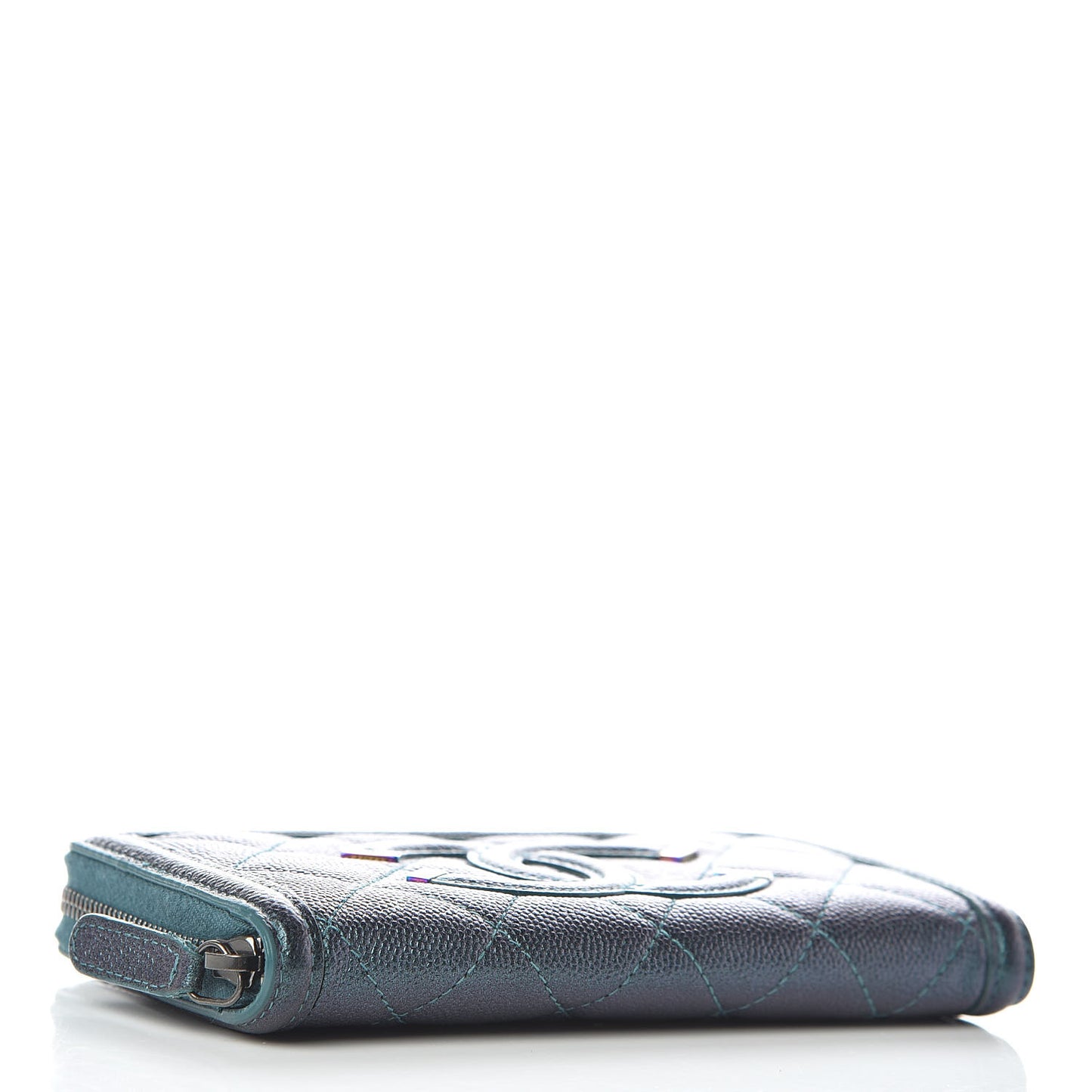 Iridescent Caviar Quilted Medium Filigree Zip Around Wallet Dark Turquoise