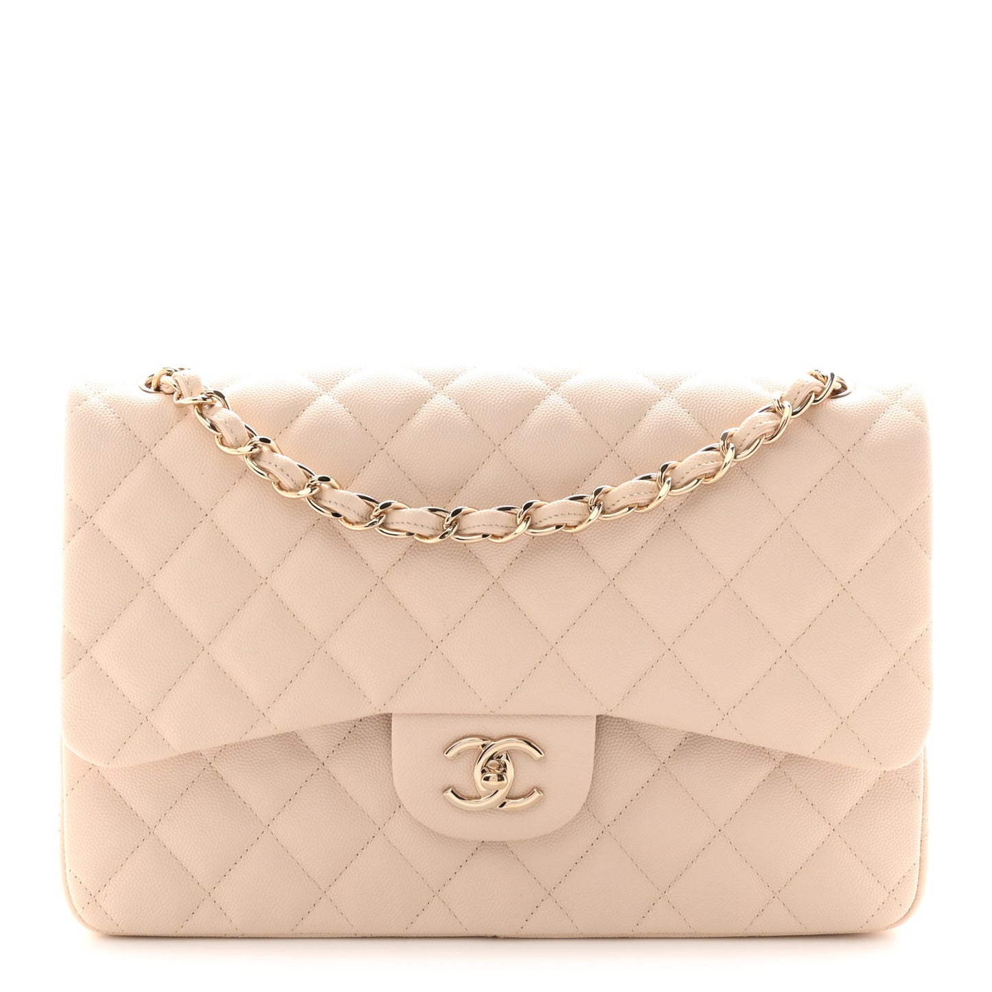 Caviar Quilted Jumbo Double Flap Light Beige