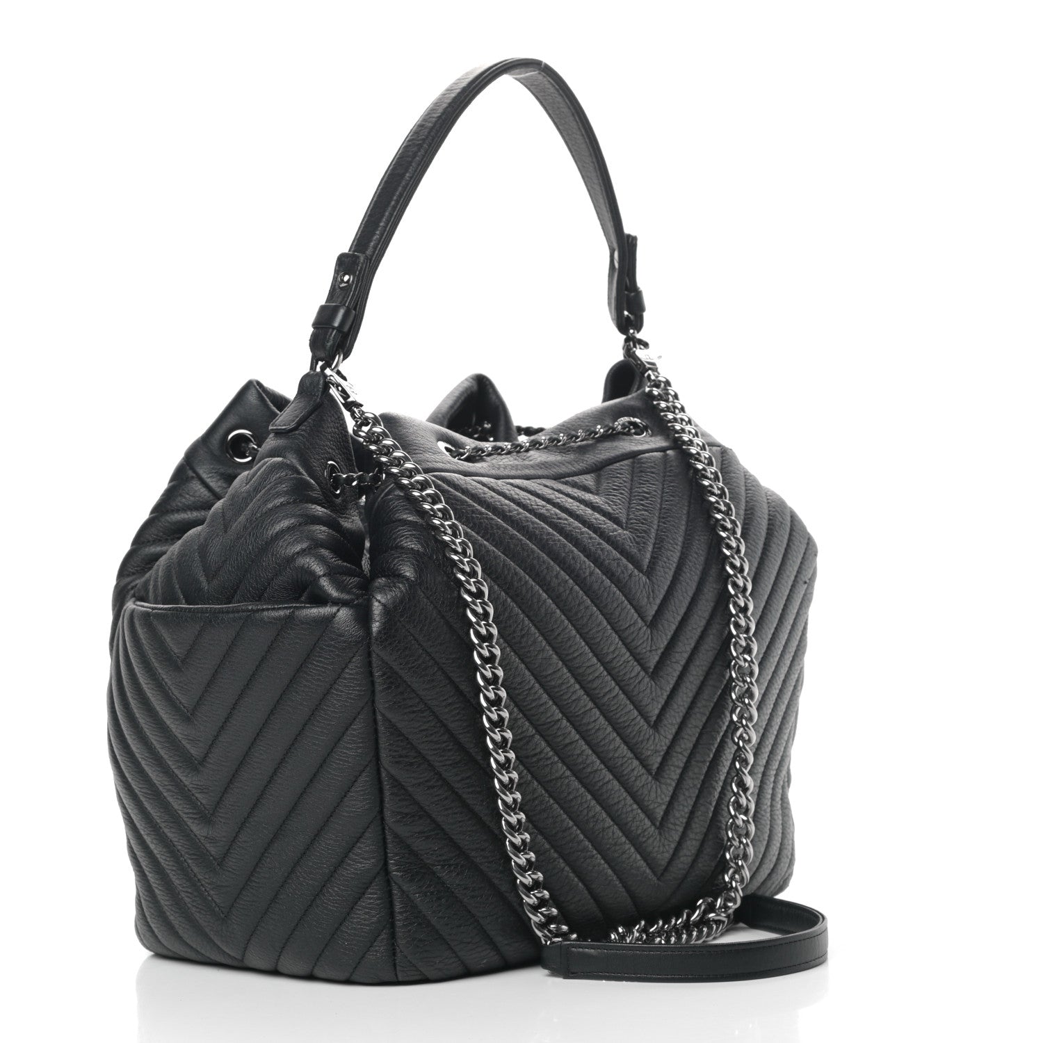 Chanel Deerskin Chevron Large CC Chain Bucket Drawstring Bag Black 4 of 11