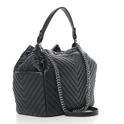 Chanel Deerskin Chevron Large CC Chain Bucket Drawstring Bag Black 4 of 11
