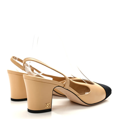 Chanel Goatskin Grosgrain Cap Toe CC Slingback Pumps 38 Beige Black 4 of 8